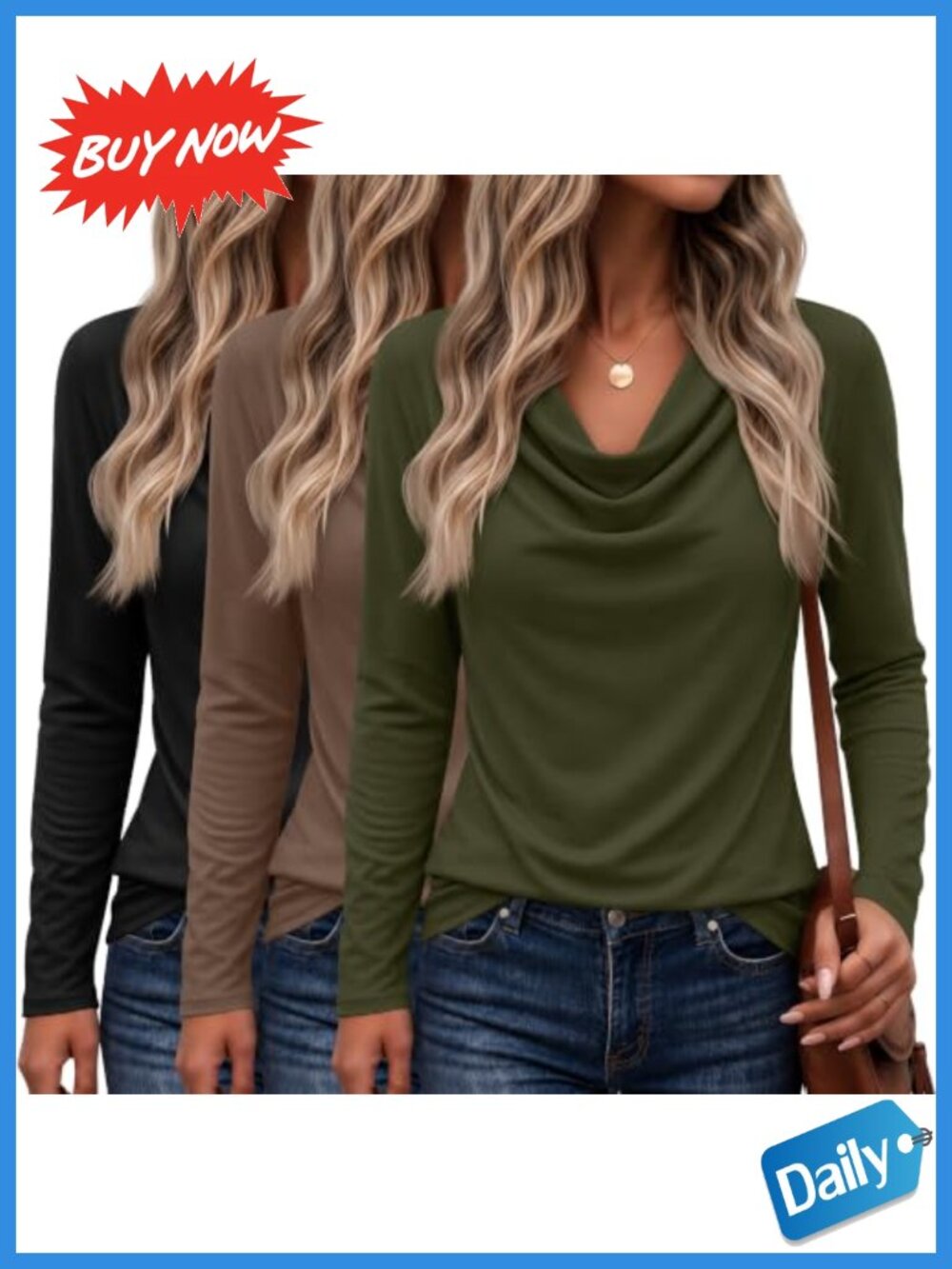 3 Pack Womens Cowl Neck Tops Long Sleeve Tunic Blouses
